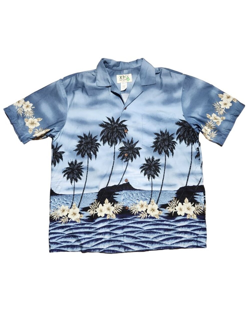 KY'S Hawaiian Aloha Shirt Mens Button Up Large Blue Palms Beach Hibiscus Vintage